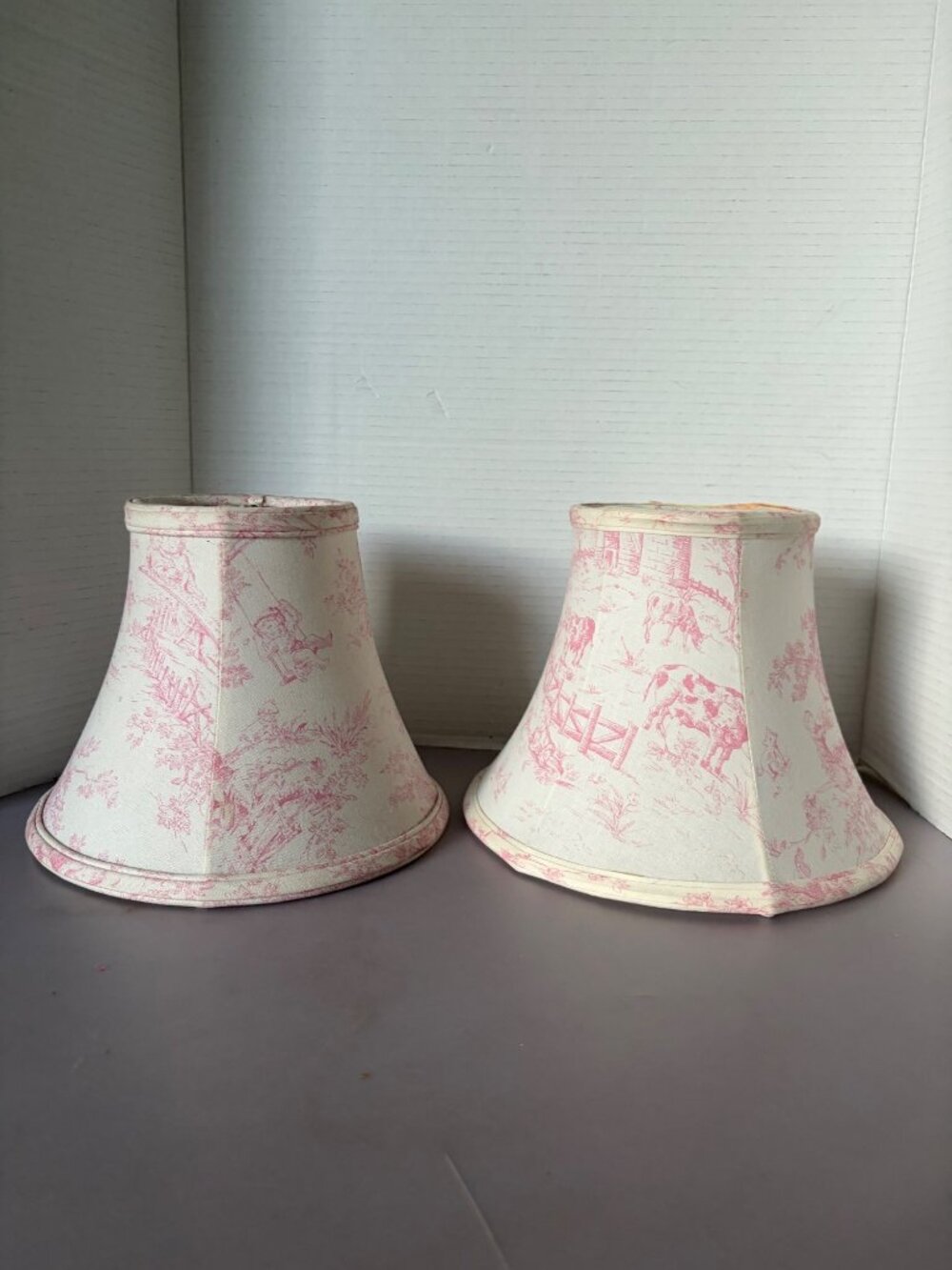 Pair Of Fabric Toile De Jouy Lamp Shades With Pink Farm Scene Pattern